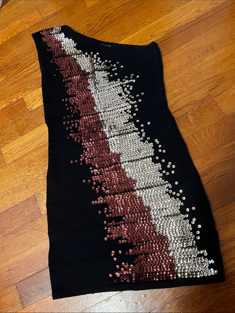 2b BEBE dress. One shoulder, sequined, stretch fabric